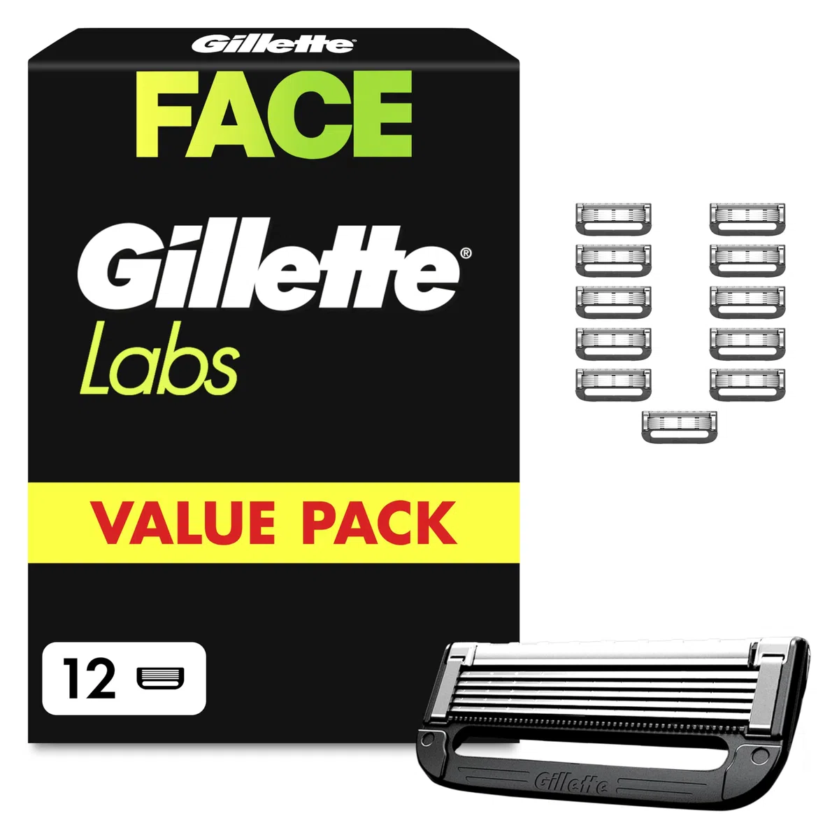 Gillette Labs Lames de Rasoir Homme Pack de 12 – Recharges Compatibles avec les Manches de la Série, en Acier Inoxydable, Cartouches Plus Durables, 1 Rechange Jusqu’à 30 Rasages