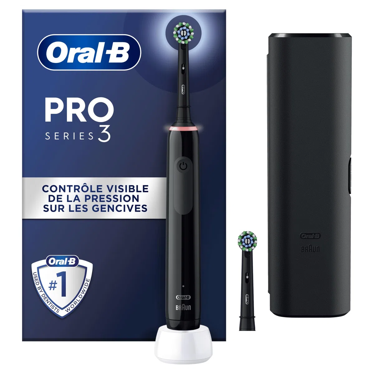 Oral-B Pro 3 3500 Brosse À Dents Électrique, Avec Capteur De Pression Pour Protéger Les Gencives, 3 Modes De Nettoyage, 1 Manche Noir, 1 Étui De Voyage, 2 Brossettes Rondes De Rechange