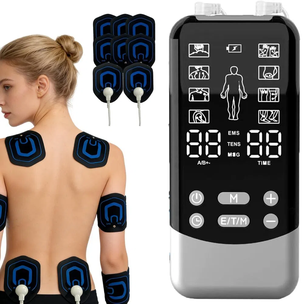 Electrostimulateur Musculaire, 3 en 1 TENS/EMS/Massage Appareil de Stimulation Électrique Avec 24 Modes 30 Intensités, Double Canaux 8 Électrodes Soulagement de la Douleur et Massage