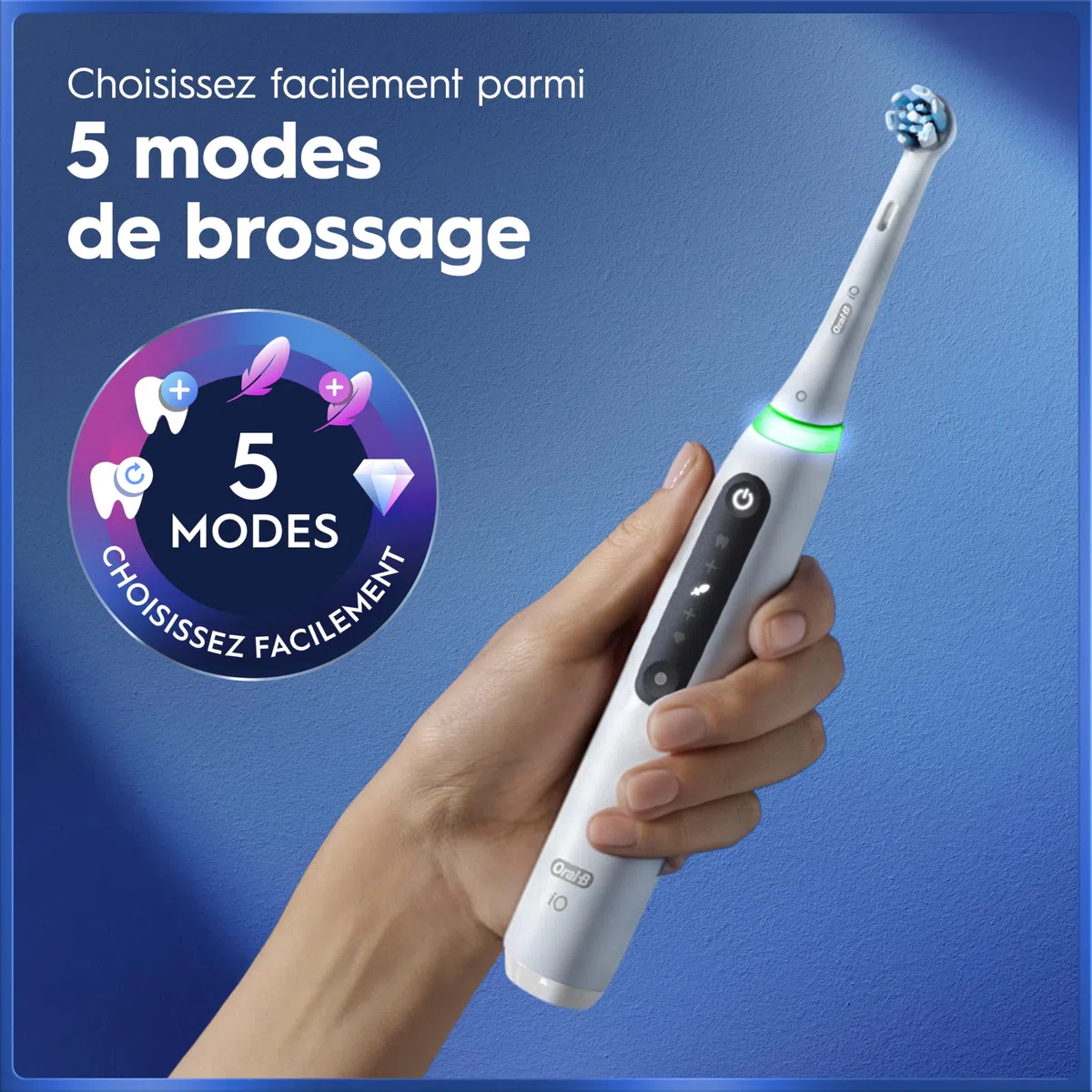 Oral-B Brosse à Dents Electrique iO 5 avec Brossette de Rechange, Blanche – 5 Modes de Brossage dont Douceur et Blancheur, Capteur de Pression sur les Gencives et d’Usure, Batterie Rechargeable, Etui