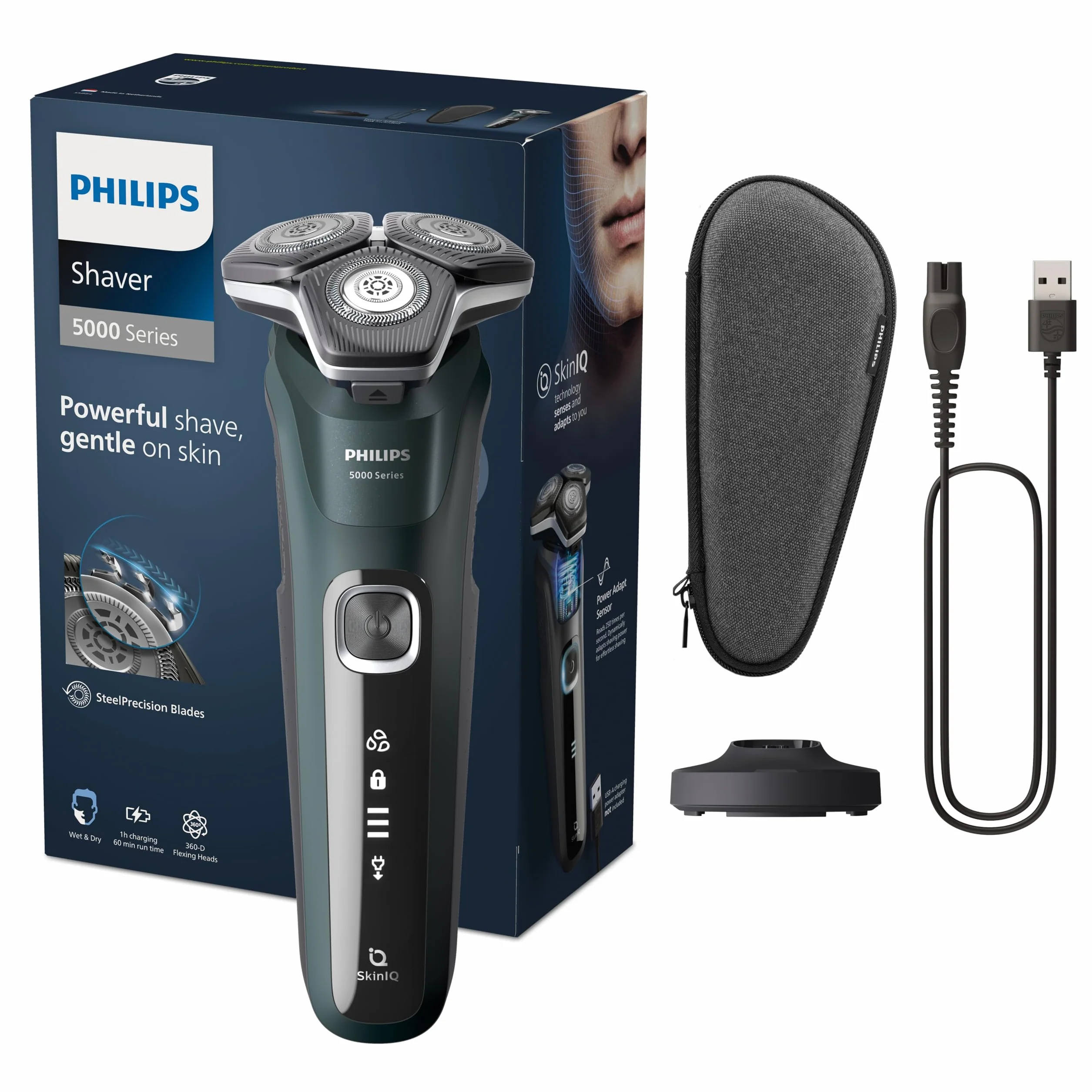 Philips Rasoir électrique S5000 pour homme Wet & Dry avec tondeuse rétractable intégrée, socle de charge et coffret de voyage (modèle S5884/35)