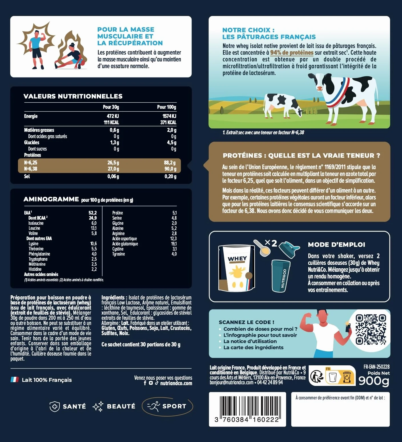NUTRI & CO Whey Isolate Native 94% Protéines Pur Lait Français Low Lactose BCAA 900g Vanille