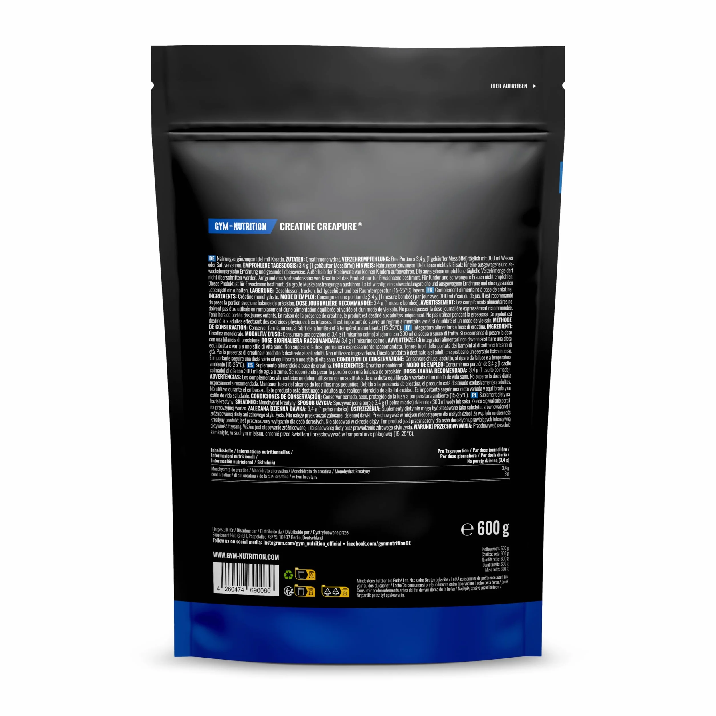 Creatine Creapure Monohydrate Poudre - 600 g - 176 Portions - Vegan - Produit en Allemagne - Creatine Monohydrate Creapure - Créatine