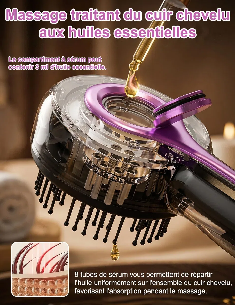 EMS Comb Brosse de massage électrique 2 en 1 pour cuir chevelu | 66 dents de massage, 8 dents de conduction d'huile, 1400 mAh, Portable, 3 niveaux de massage