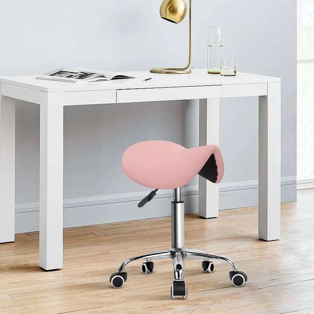 KKTONER Tabouret Selle de Cheval Tabouret à roulettes réglable en Hauteur 45-61 cm en Cuir PU Rose