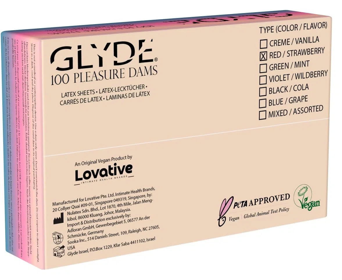 Glyde Dams Strawberry - Lot de 100 lingettes de protection en latex - Rose - Parfum fraise, Rose, 25cm x 15cm