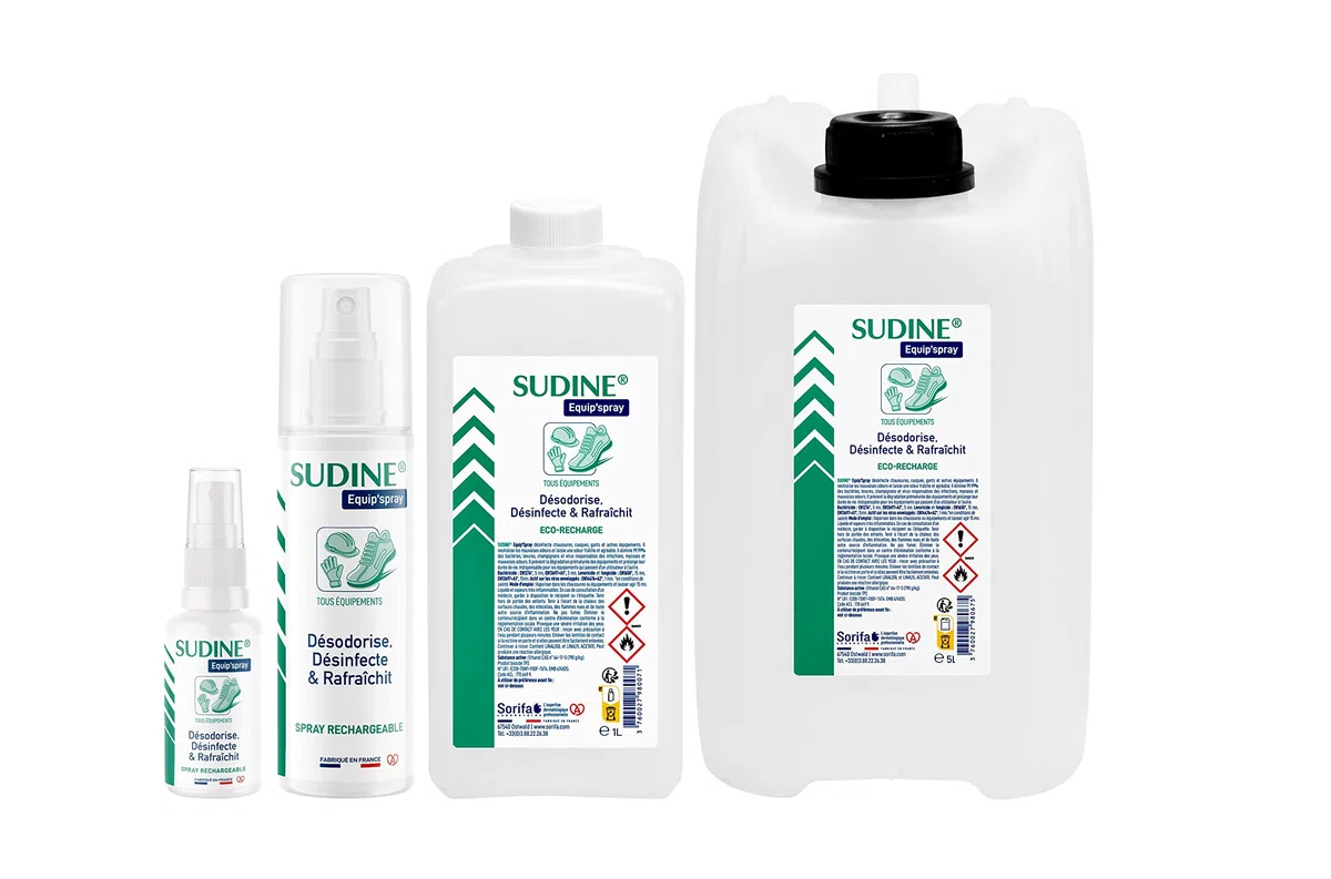 Sudine Equip’spray - Désodorise, désinfecte, rafraichit - Chaussures, casques, gants, équipements - Recharge 1L pour SUDINE Equip'spray 50 et 125 ml ou pour le Spray 1L SORIFA