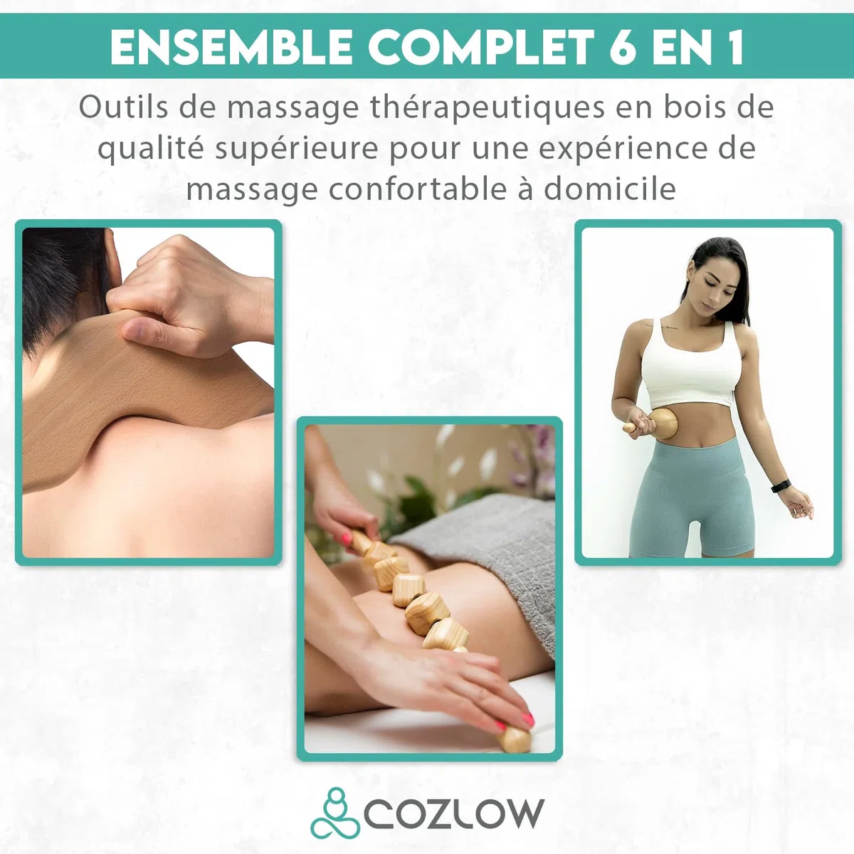 Outils de massage thérapeutique au bois 6 en 1 – Kit de maderoterapia professionnel pour la mise en forme et la sculpture du corps – Bâton de rouleau de massage pour drainage lymphatique – par Cozlow
