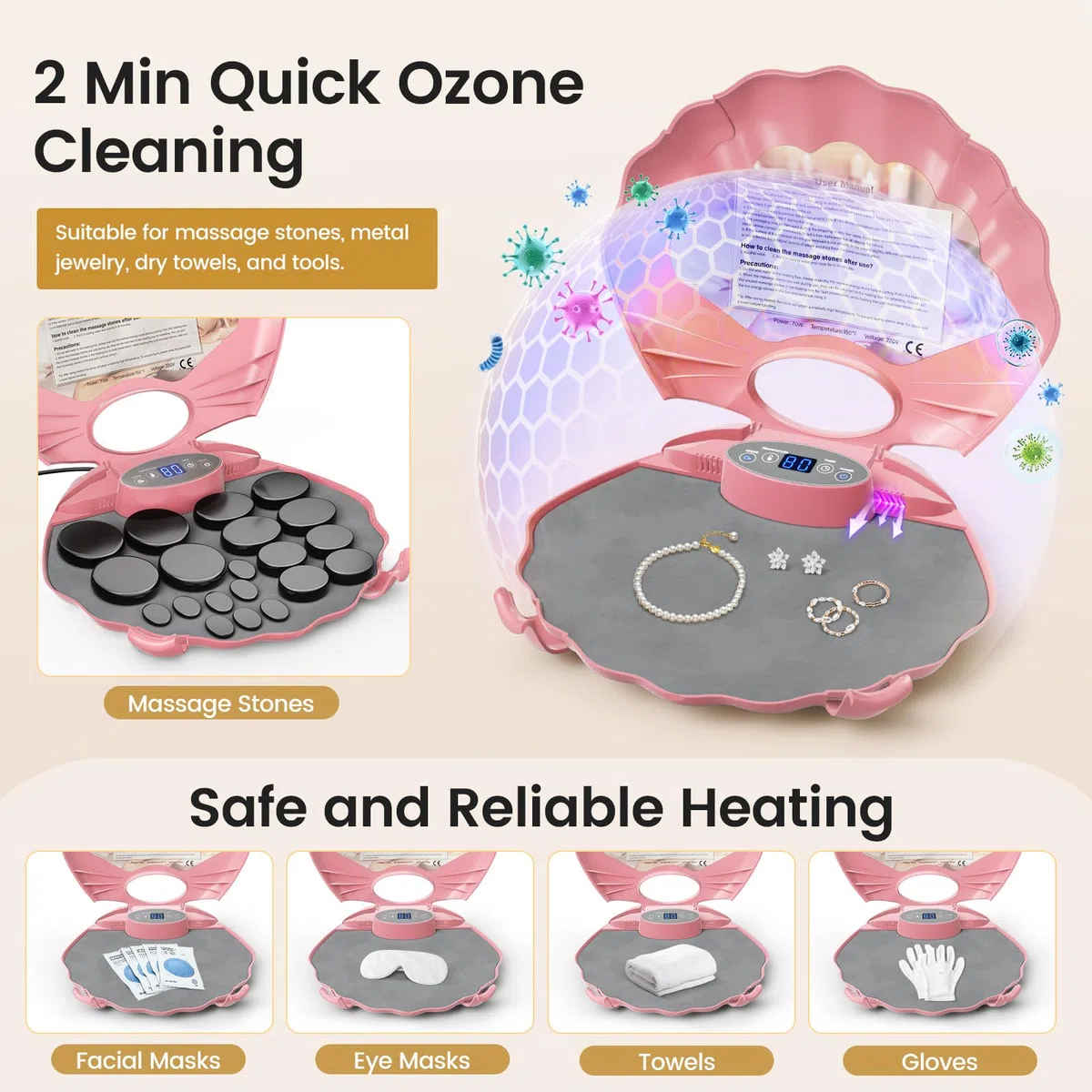 Hot-Stone Kit de massage en basalte avec étui chauffant portable, 3 niveaux de chaleur thérapeutique avec minuterie pour un usage domestique, massage, spa, détente (20)