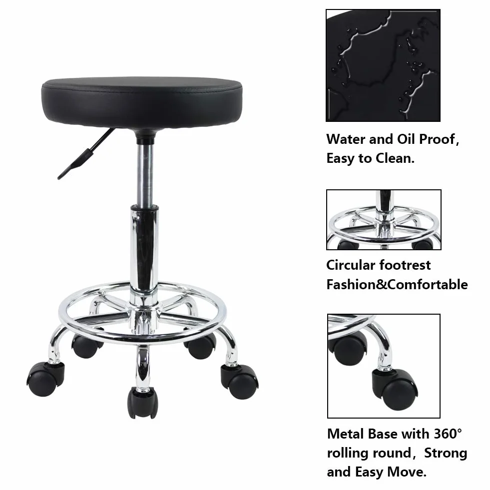 KKTONER Tabouret à roulettes de Bureau Tabouret de Bar réglable en Hauteur 49-64cm en Cuir synthétique Noir