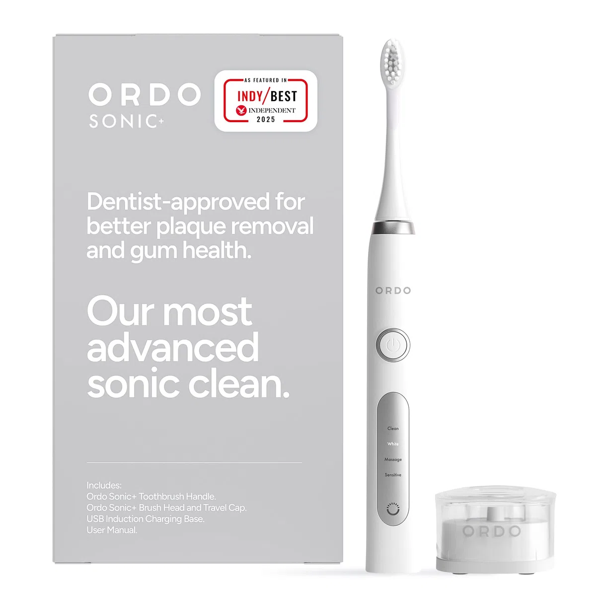 Brosse à Dents Electrique Ordo Sonic Technologie Intelligente Avancée Avec 4 Modes de Brossage Batterie Rechargeable Avec et Élément de Polissage en Silicone Chargeur USB Pour Adultes Blanc/Argent