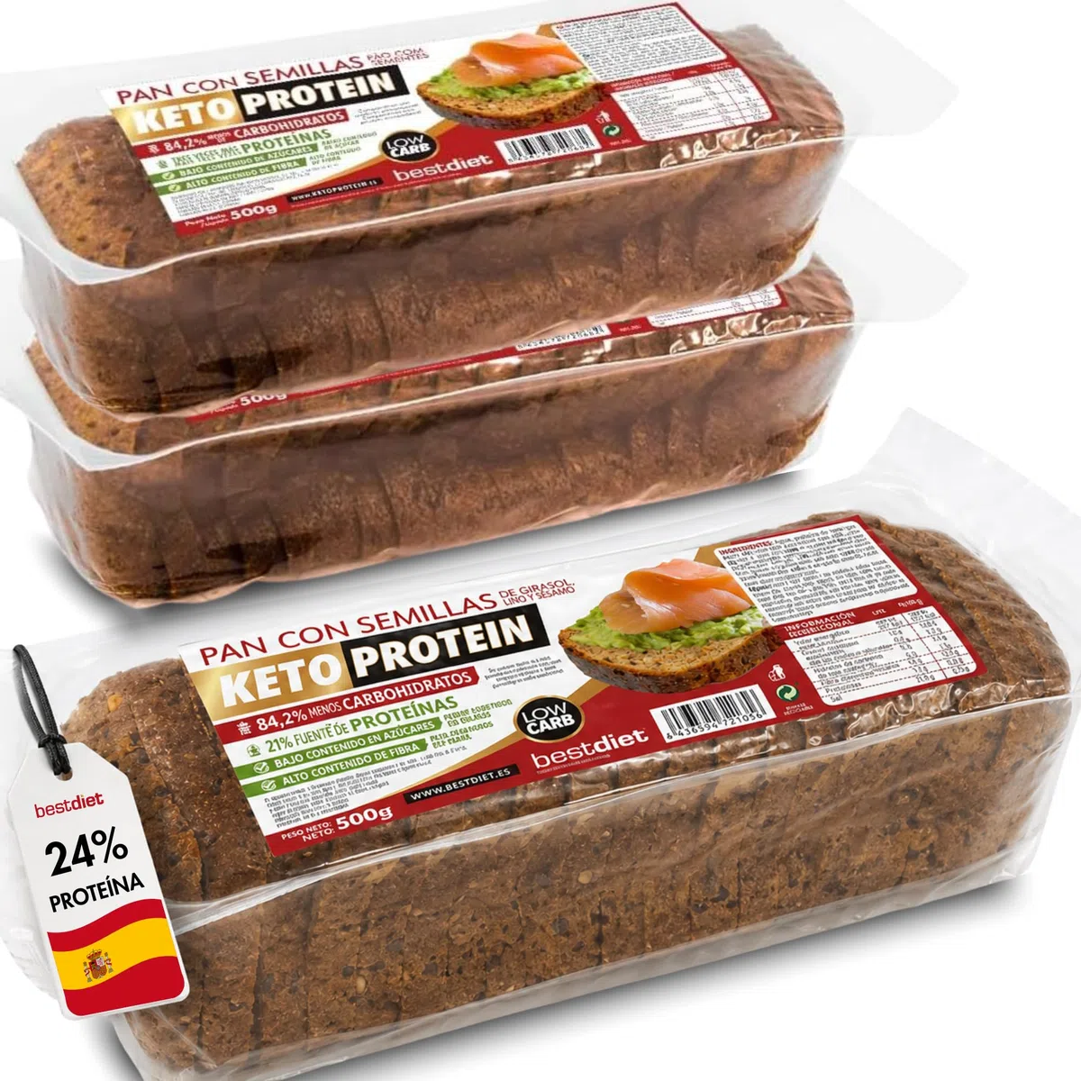 Pain Protéiné Céto Bestdiet - Sans Sucre, Riche en Fibres et Protéines, Lot de 3 x 500g
