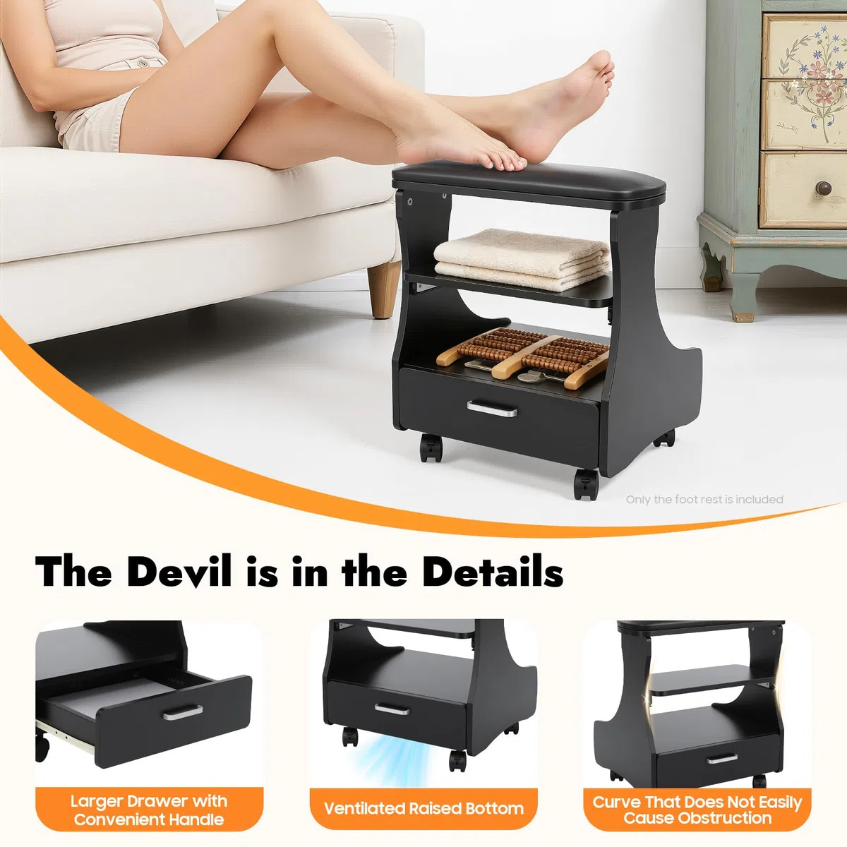 Repose Pieds Pédicure,Tabouret Esthétique 3 Niveaux Tiroir,Repose pieds de pédicure à roulettes,Meuble Rangement Salon,Durable MDF Mousse PU Niveaux Roulettes Frein,Usage Salon Spa,Charge 80 kg