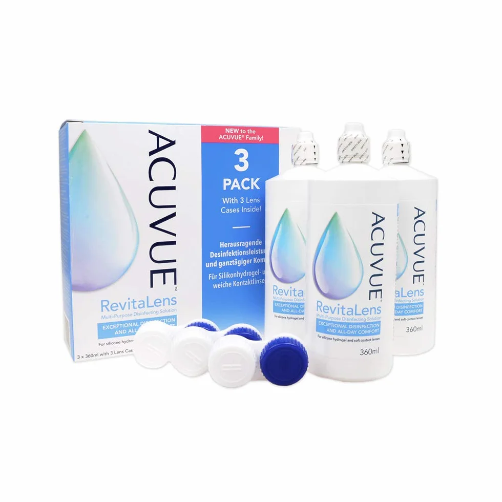 ACUVUE RevitaLens MPDS – Nettoyant pour lentilles de contact souples à action antimicrobienne – Efficace plus de 16 heures – 3 x 360 ml de solution combinée