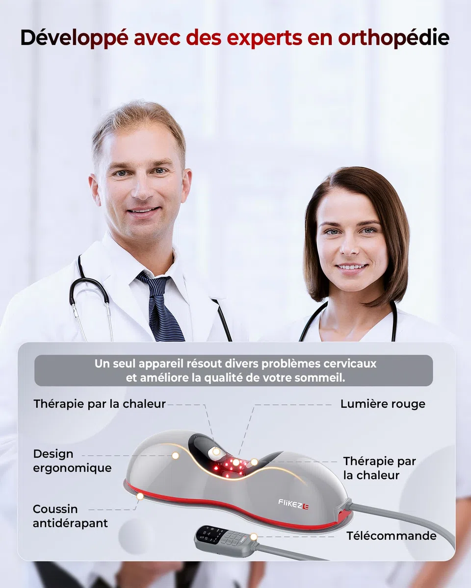 FliKEZE Étireur de cou chauffant avec thérapie par la lumière rouge, appareil de traction cervicale sans fil pour soulager la douleur TMJ et relaxer les épaules, coussin de massage de traction du cou