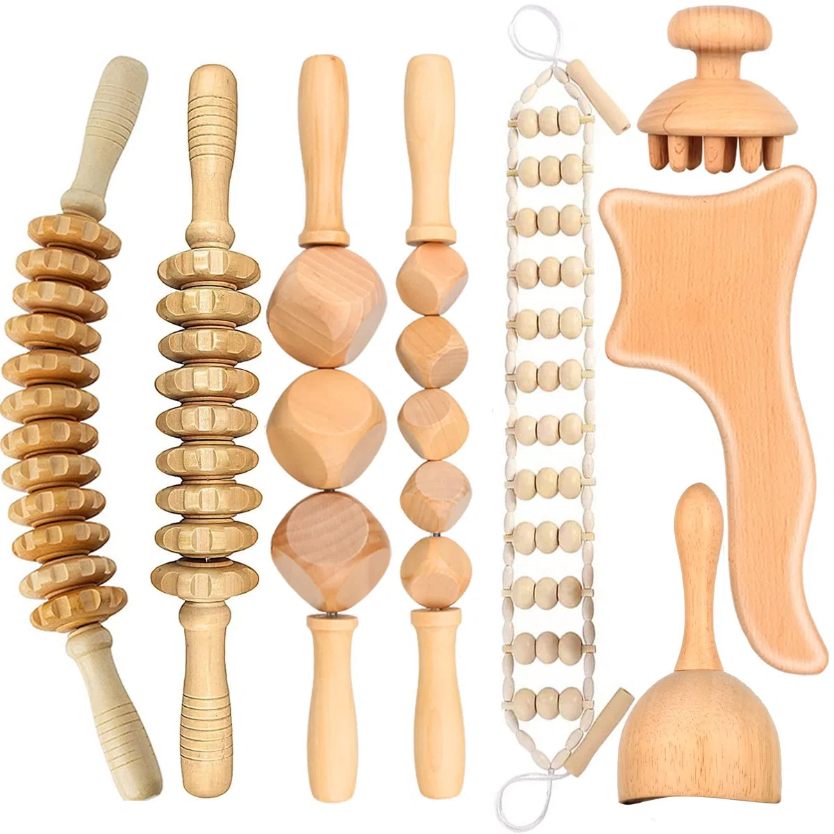 Lot de 8 outils de massage thérapeutique du bois, rouleau en bois pour soulager la cellulite et soulager les douleurs musculaires du corps entier