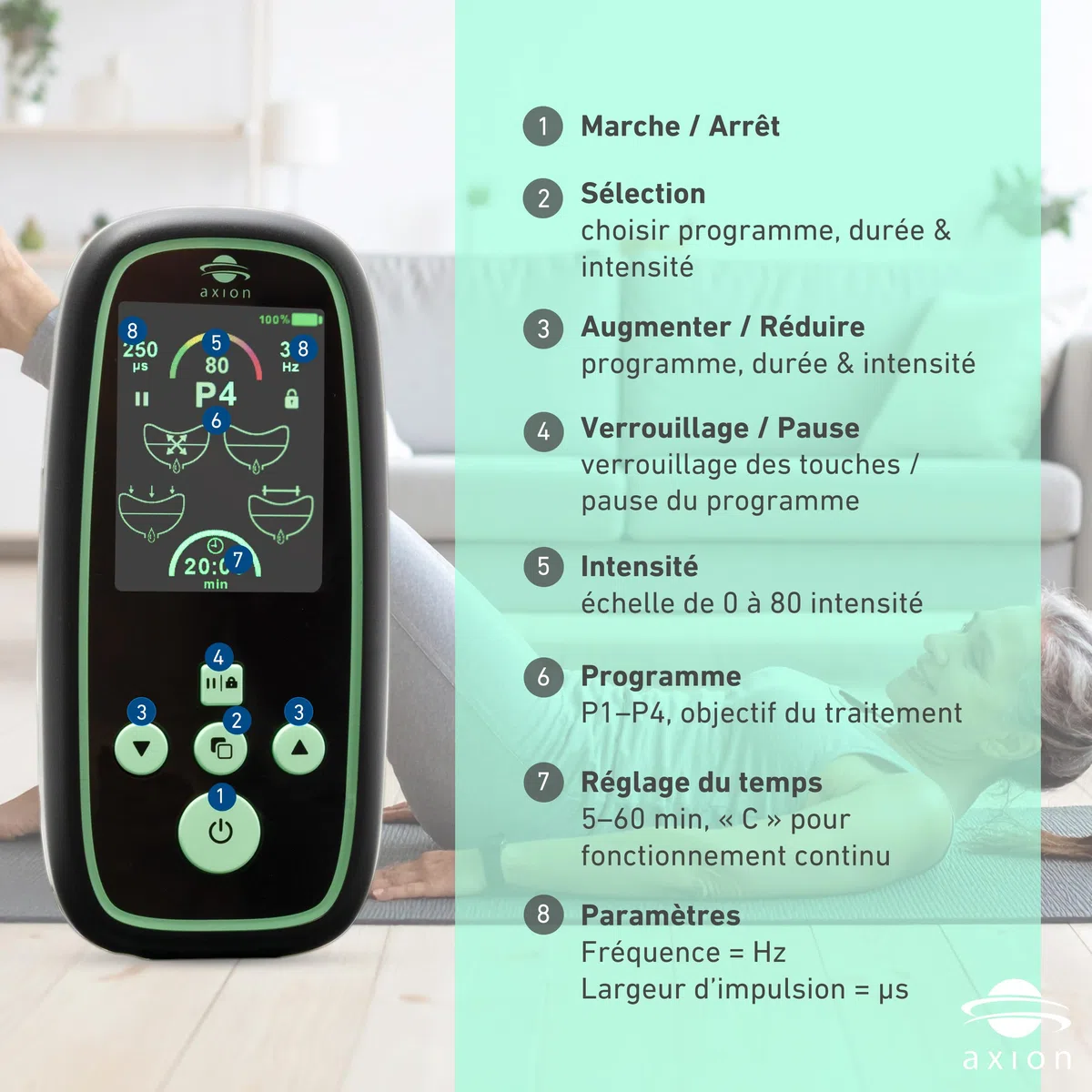 Axion® I-3000 Entraineur du plancher pelvien pour femmes, Appareil Kegel EMS avec sonde vaginale, 4 programmes, 80 intensités, Batterie rechargeable