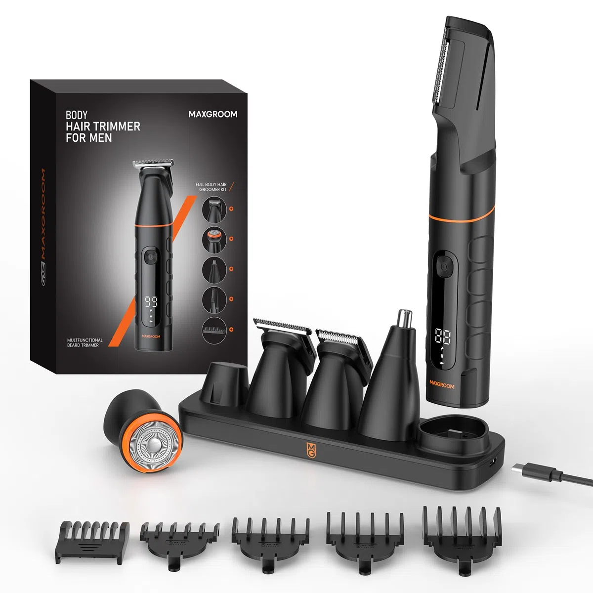 MAXGROOM Tondeuse Corps Homme, 5 en 1 Multifonction Rasoir Électriques Hommes, 7000RPM Tondeuse Partie Intime Professionnelle, 120 Mins d'Autonomie USB-C Rasoir Testicule Kit pour Nez, Jambes