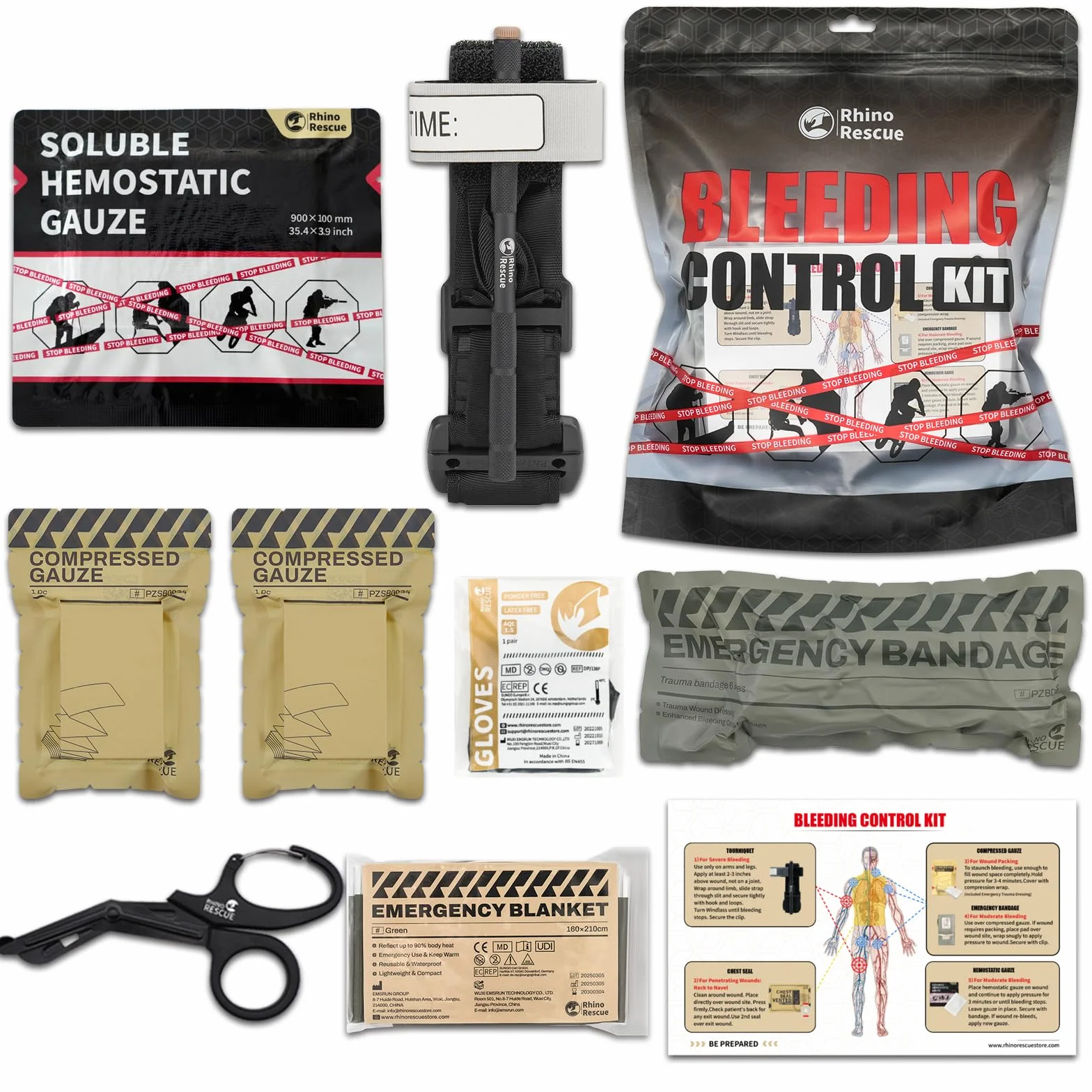 Rhino Rescue Kit Individuel de contrôle des hémorragies, Kit Trauma IFAK, Set de Recharge de Premiers Secours avec Tourniquet, Gaze hémostatique, Pansement israélien 6", Gaze compressée
