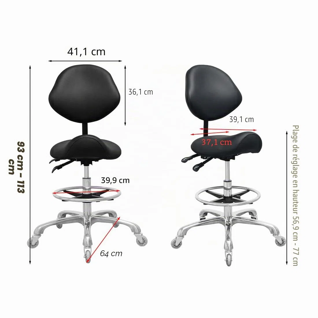 Tabouret de selle avec support dorsal et repose-pieds, très résistant (158,8 kg), tabouret hydraulique pivotant réglable pour salon, spa, beauté, massage, clinique, maison, bureau (noir)
