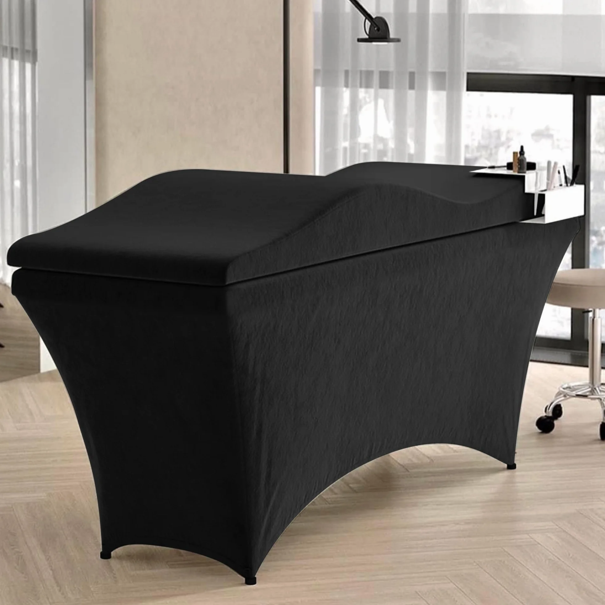Surmatelas ergonomique incurvé en mousse à mémoire de forme pour table de massage pour salon de beauté (noir (avec housse de lit à cils), 180 x 60 cm)