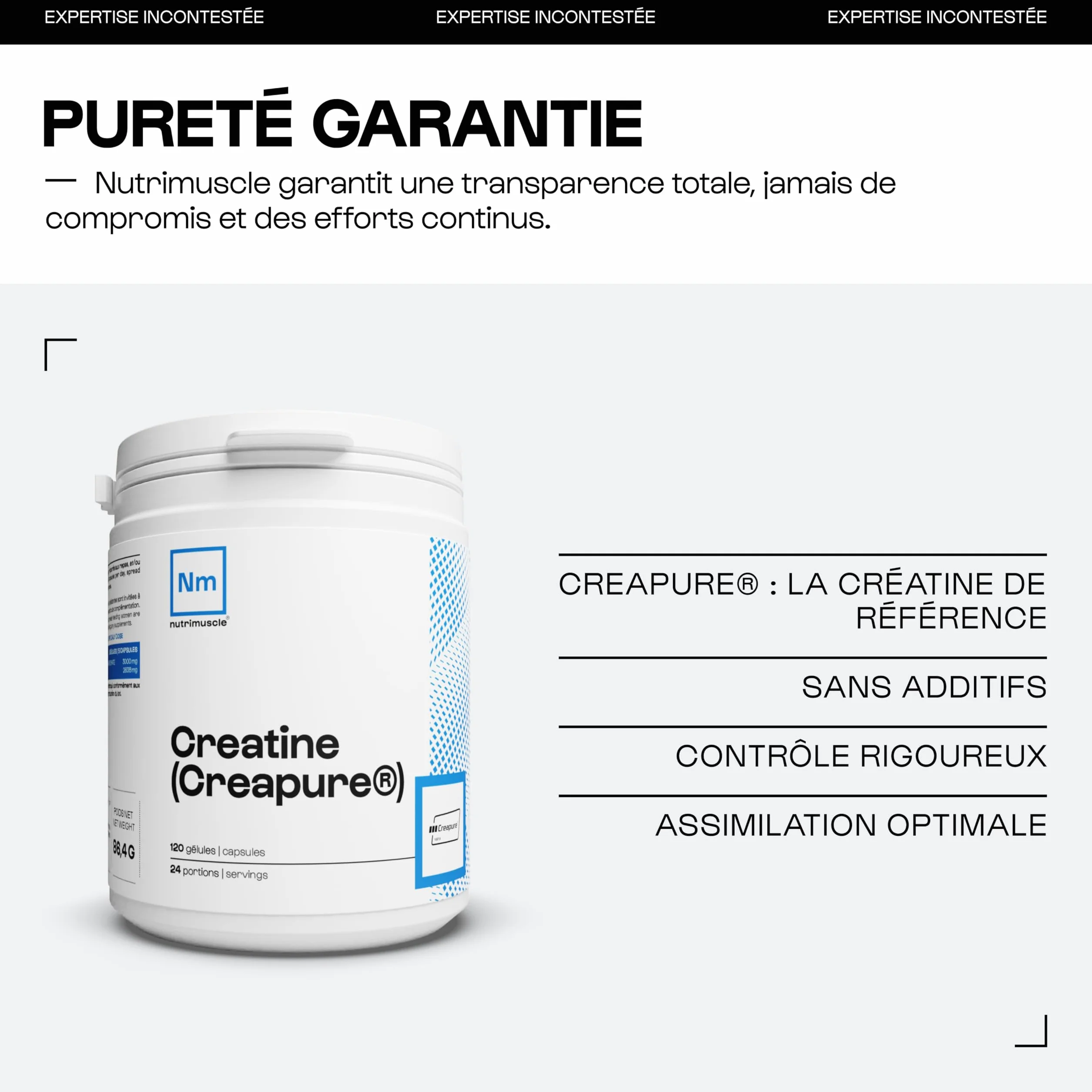 Créatine Monohydrate Creapure 120 Gélules Nutrimuscle Prise de Masse Musculaire Force